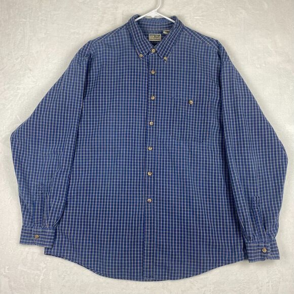 L.L Bean Shirt Mens Extra Large XL Blue Checkered Button Up Long Sleeve Shirt - Picture 1 of 9